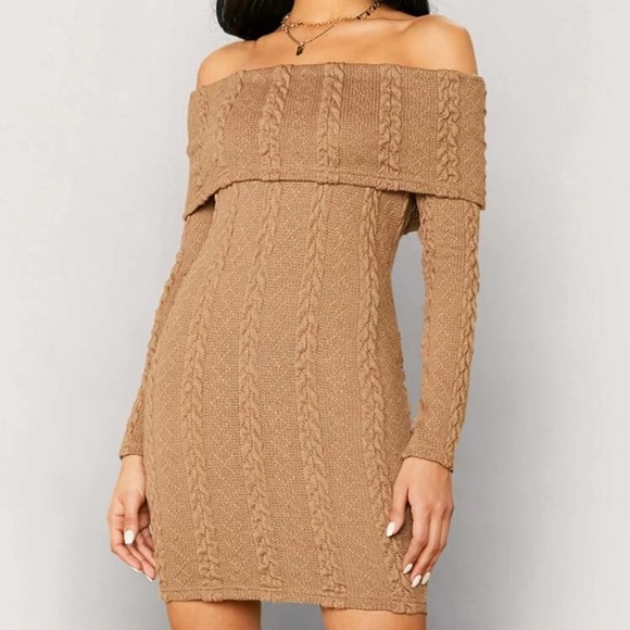 Brown Knit Off the Shoulder Dress - Picture 1 of 2
